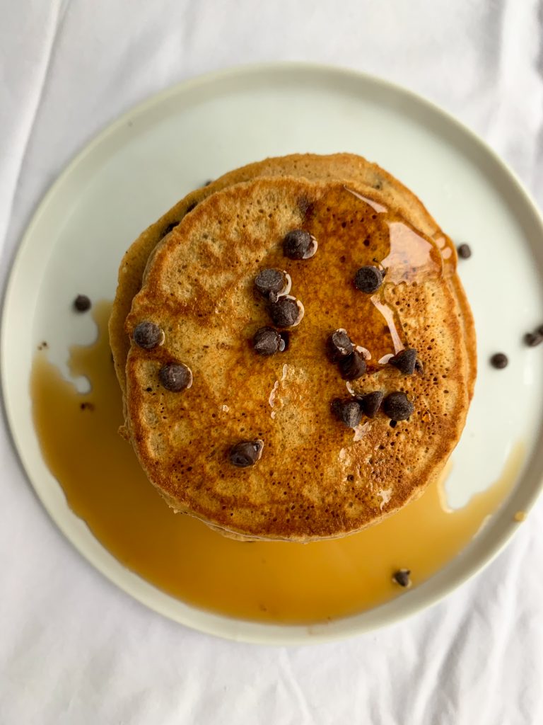 whole wheat chocolate chip pancakes, picture taken from above