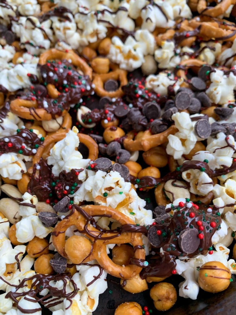 close up picture of the sweet & salty christmas snack mix