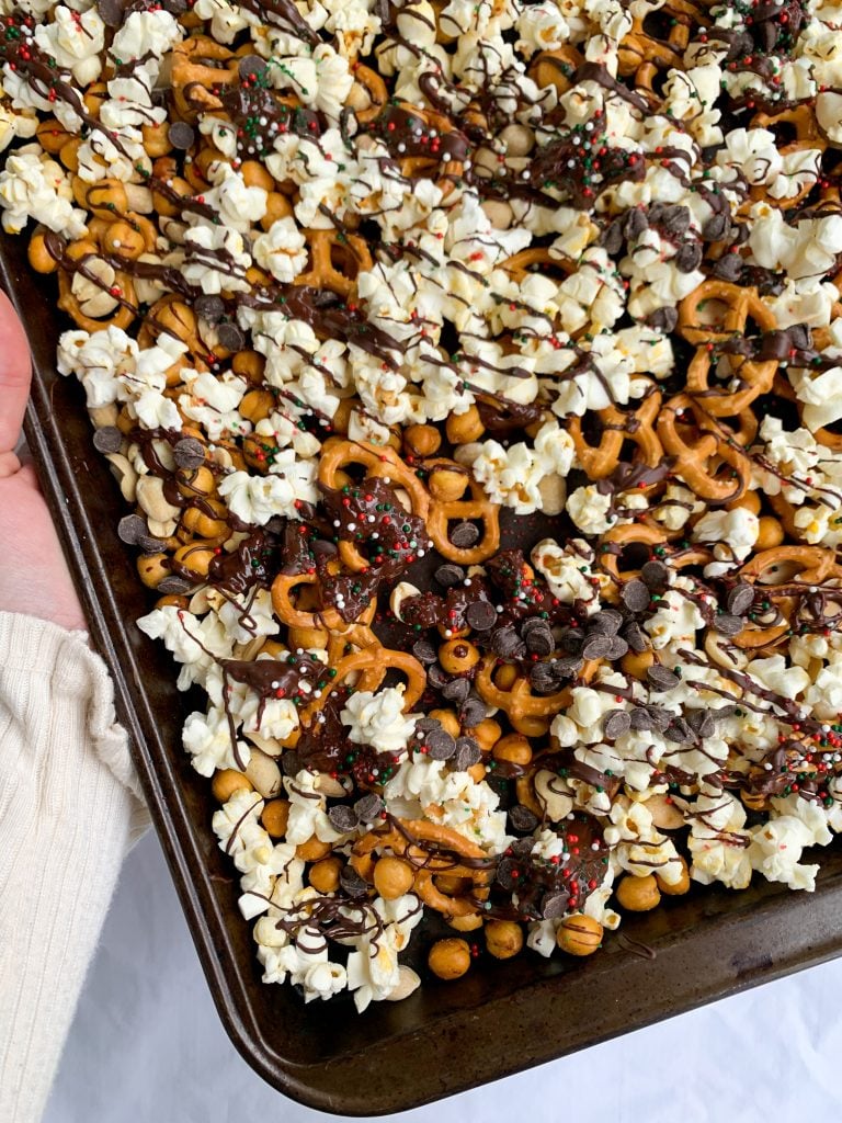a baking tray with the sweet & salty christmas snack mix