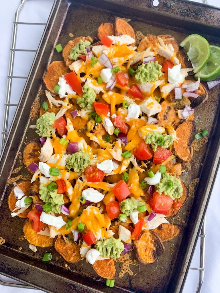 a baking tray of healthier sweet potato nachos 