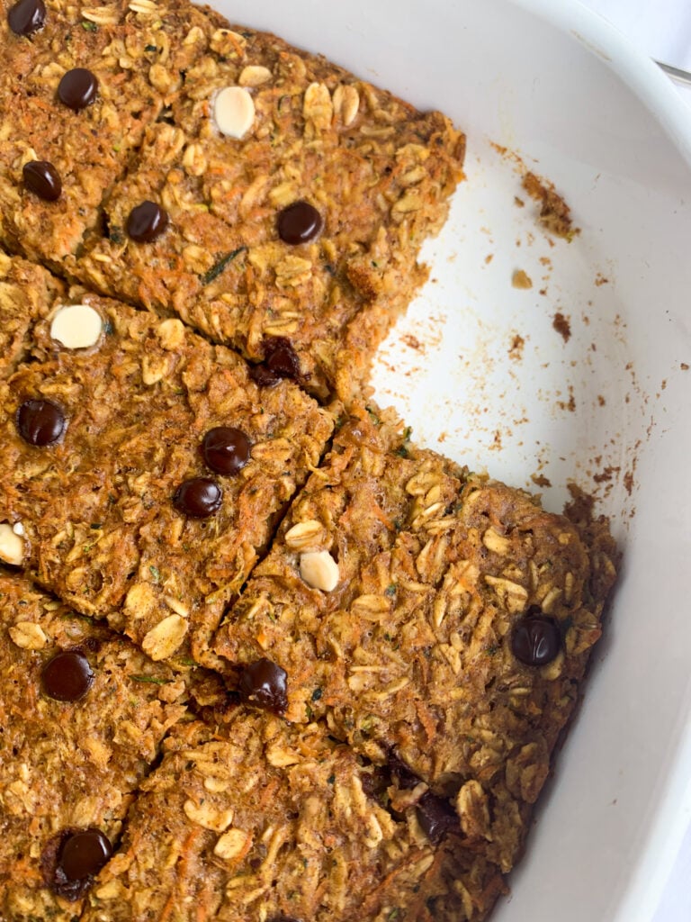 veggie packed baked oatmeal in a white baking dish