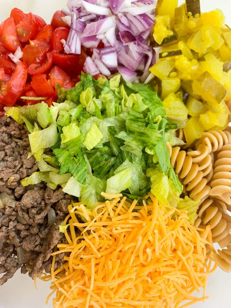 close up of the ingredients for the pasta salad