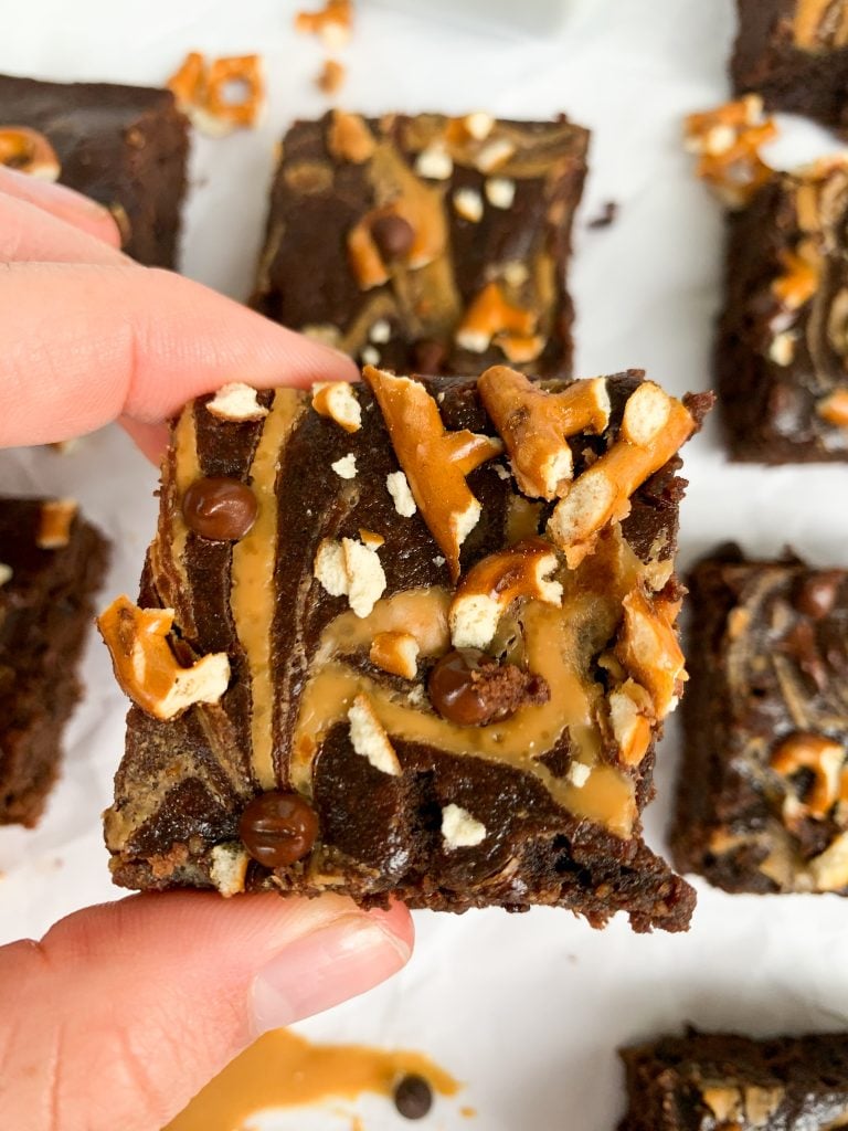 a close up shot of one of the peanut butter pretzel brownies