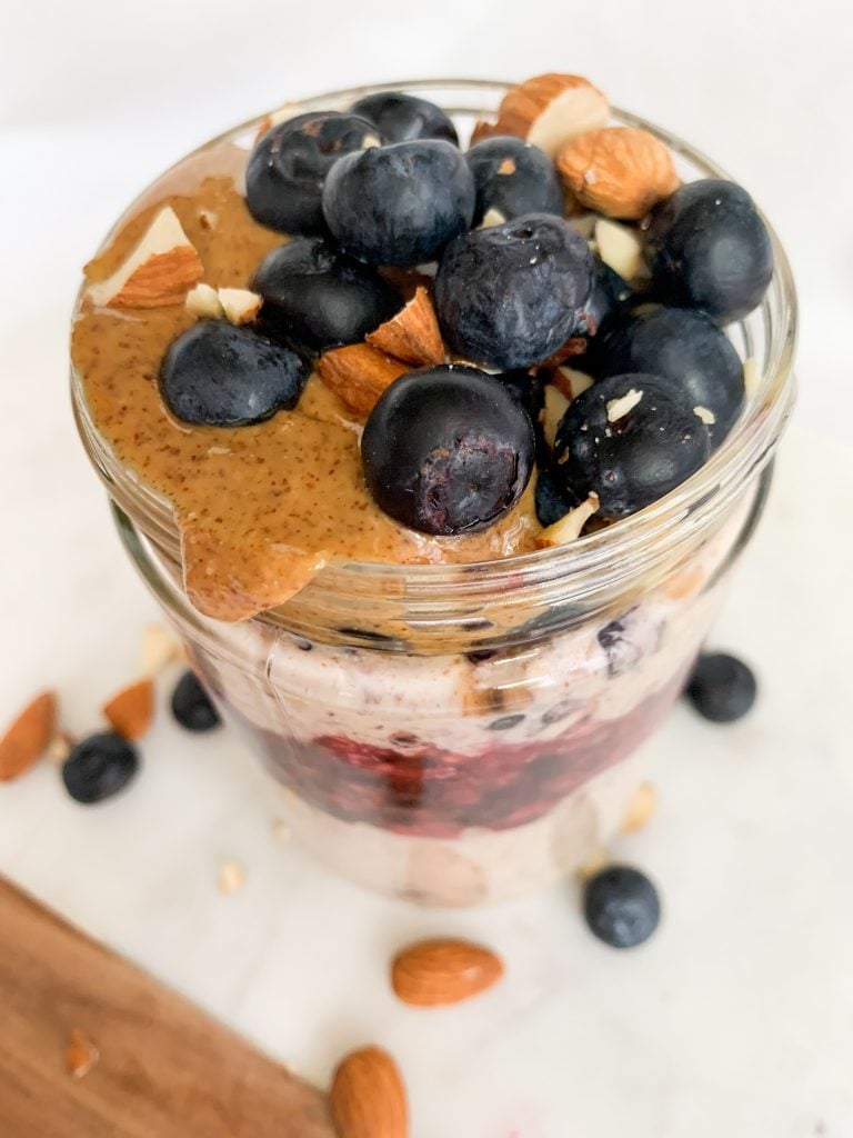 a top view of overnight oats in a jar