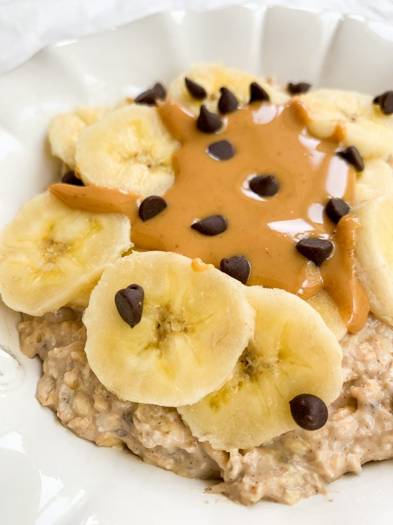 a close up shot of peanut butter banana overnight oats 