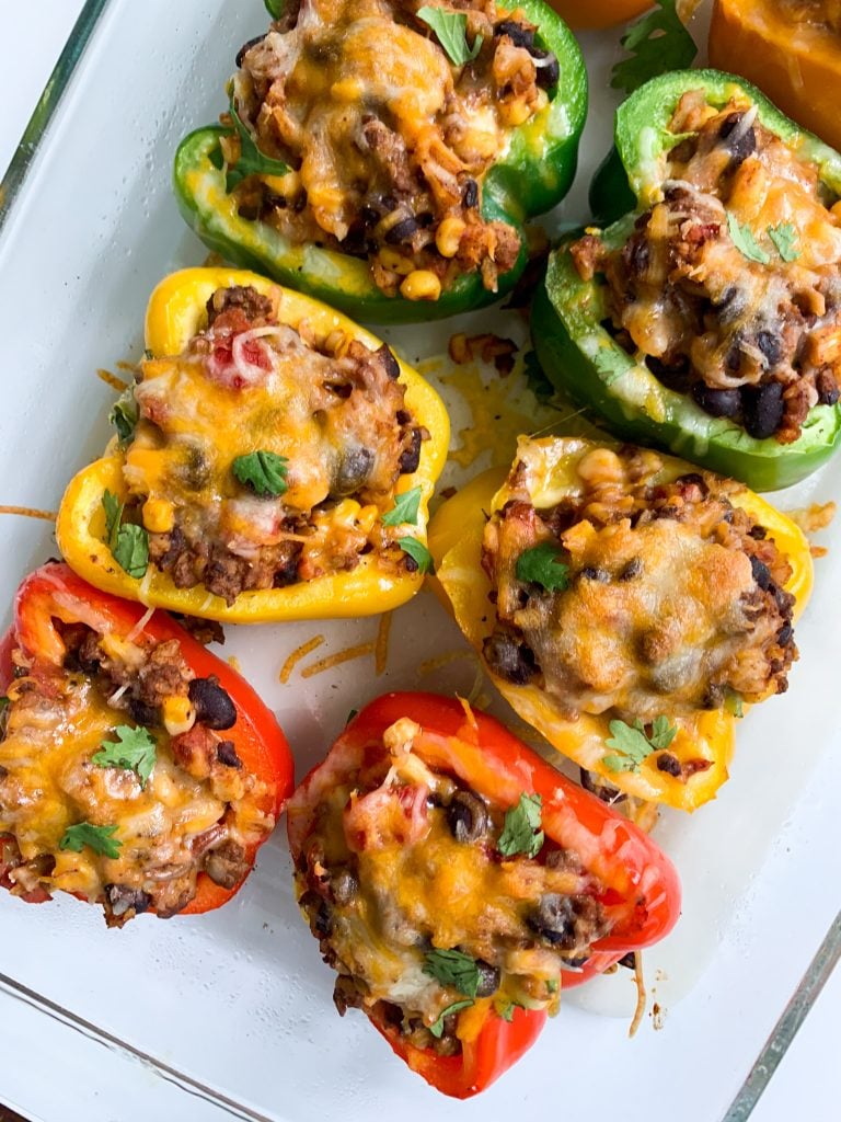 taco stuffed peppers in a baking dish