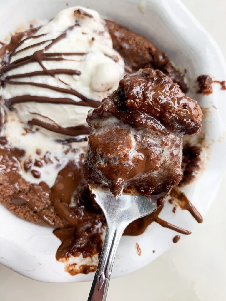 close up shot of a spoonful of vegan single serve brownie