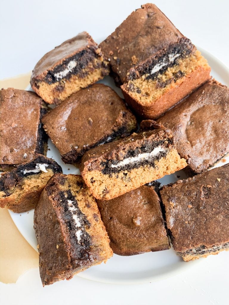 a white plate of oreo cookie dough brownies