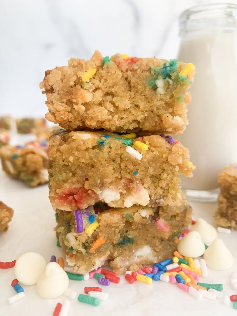a stack of cake batter blondies
