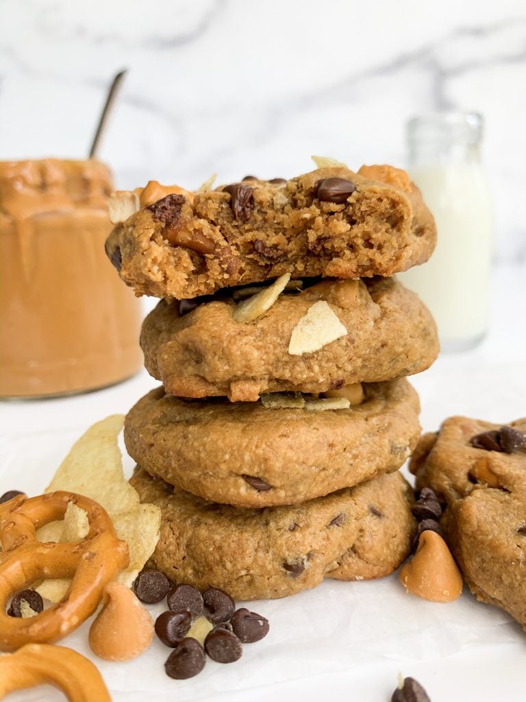 a stack of peanut butter kitchen sink cookies