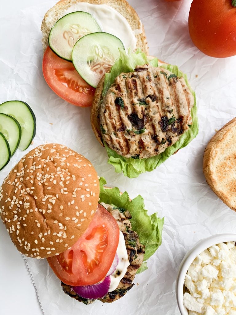 overhead shot of turkey burgers and their ingredients