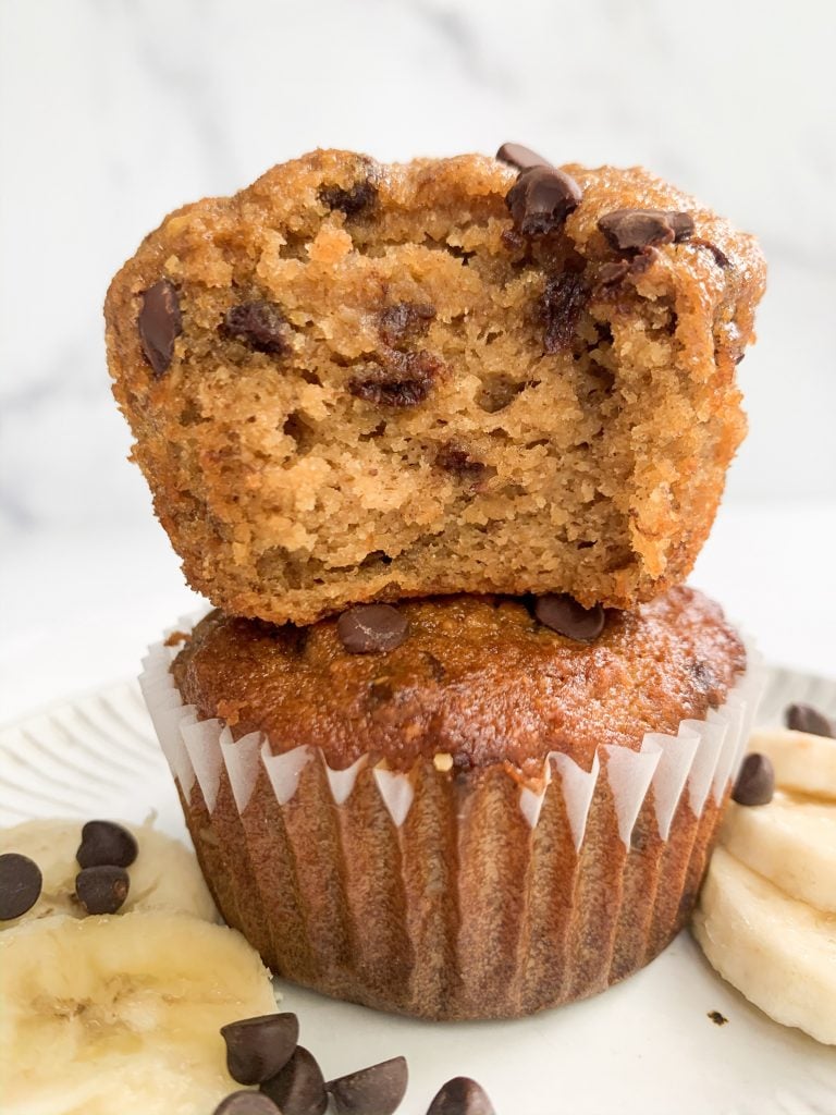 a stack of chocolate chip banana muffins