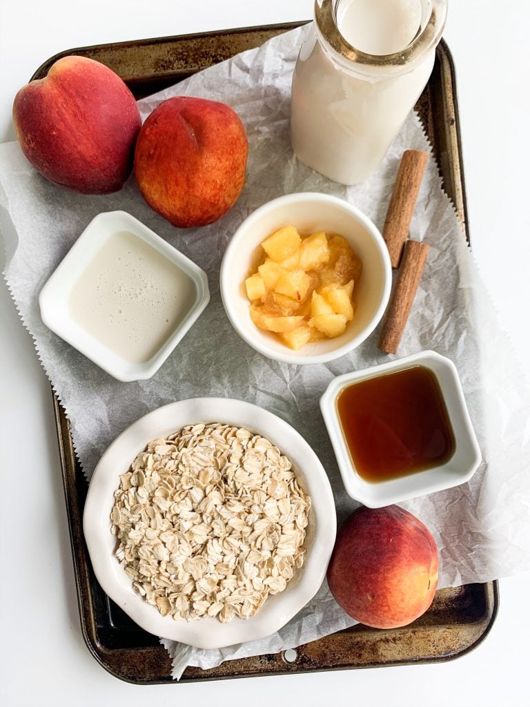 tray of peach oatmeal ingredients