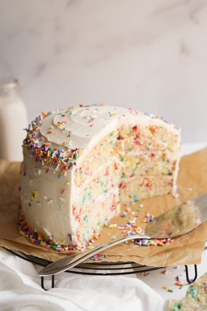 vanilla layer cake with rainbow sprinkles