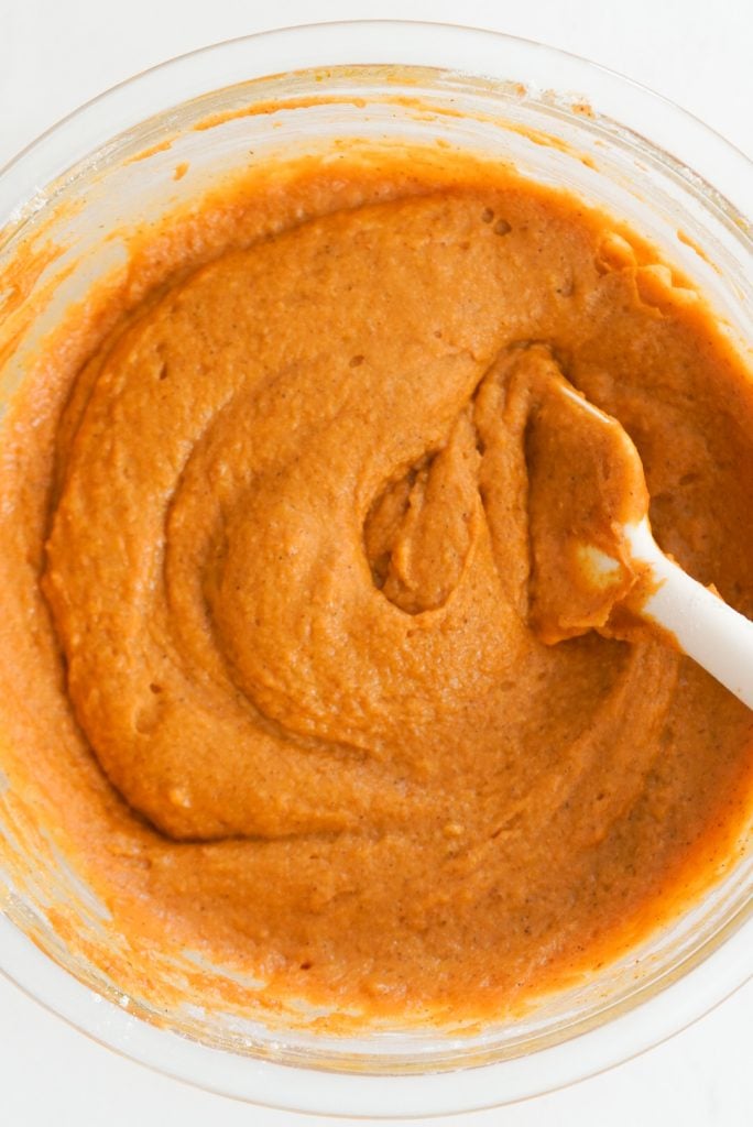 pumpkin bread batter in a mixing bowl