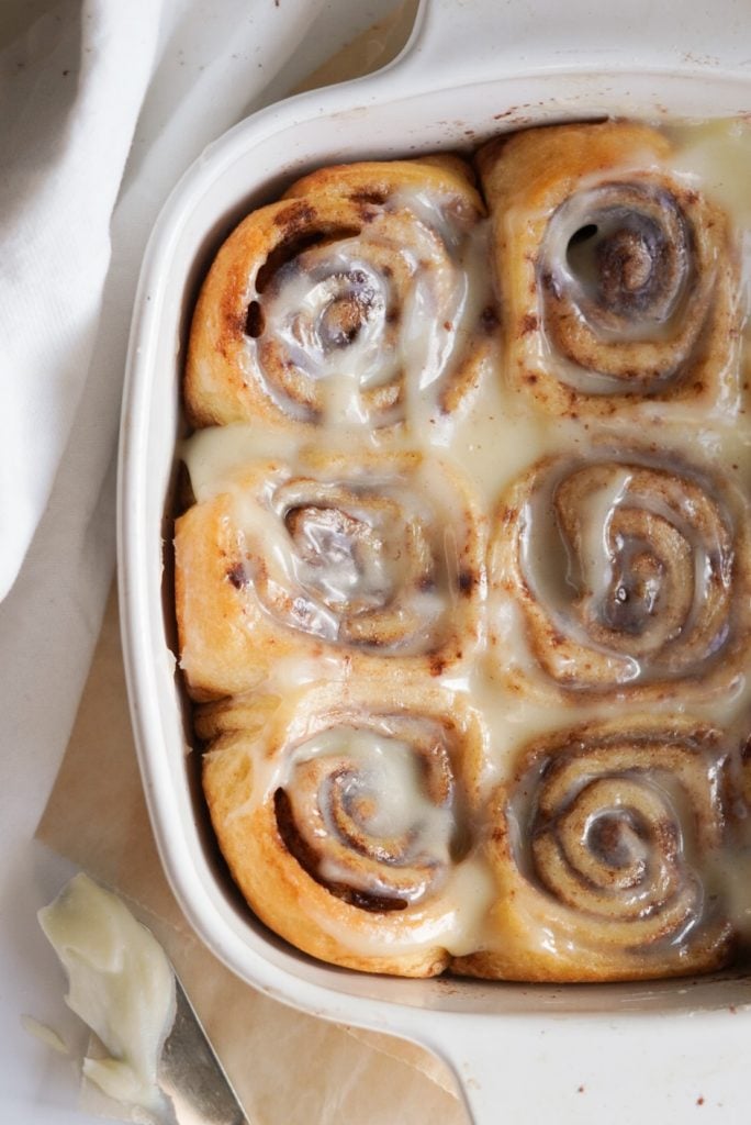 cinnamon rolls made with crescent dough in a baking dish