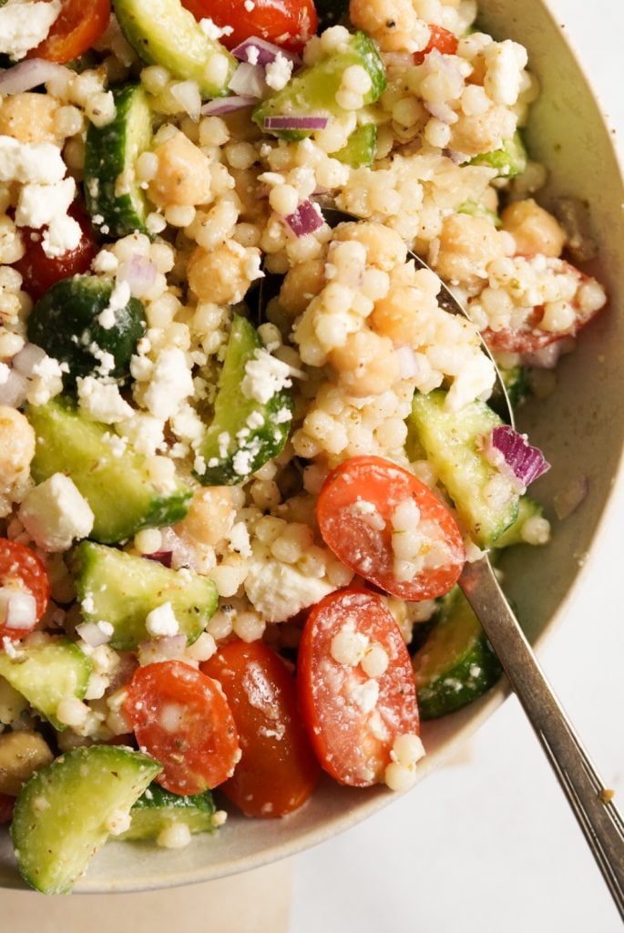 mediterranean chickpea couscous salad in a bowl