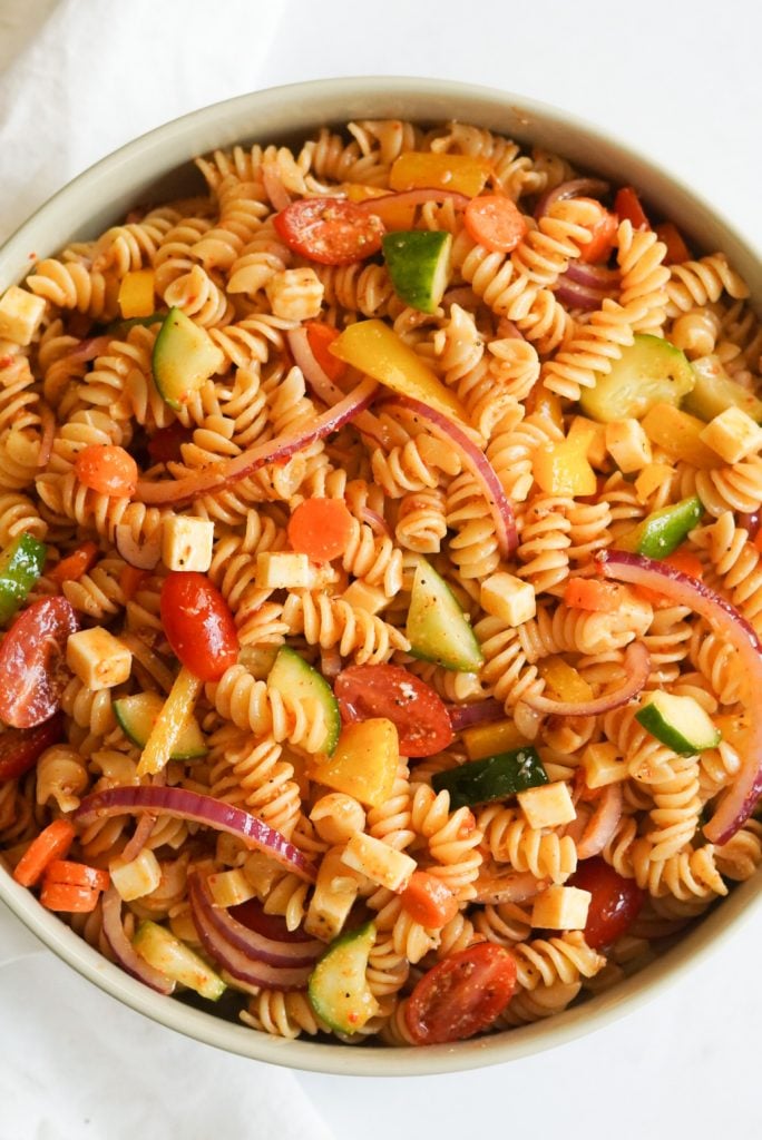 overhead shot of pasta salad with Italian dressing and salad supreme seasoning