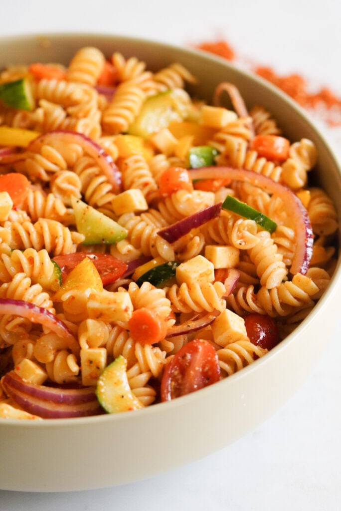close up shot of salad supreme pasta salad in a serving bowl