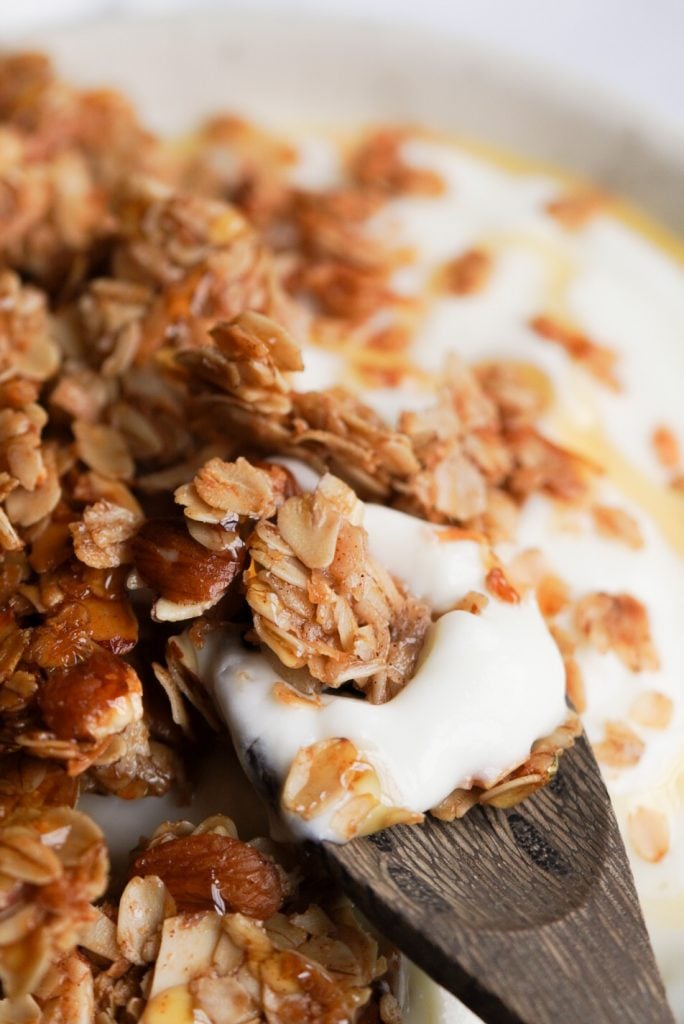closeup of granola on a yogurt bowl 