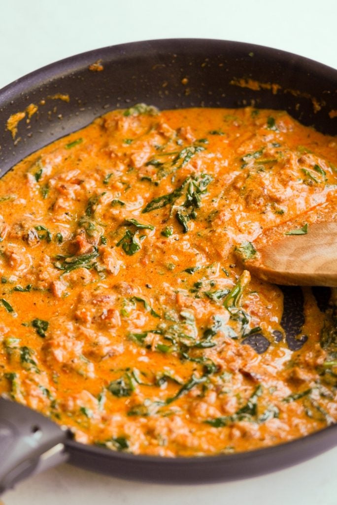 creamy tomato pasta sauce in a pan
