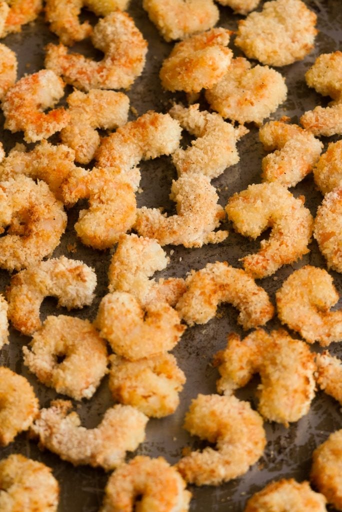 air fried shrimp on a baking sheet