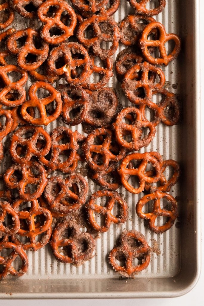 cinnamon sugar pretzels baked on a baking sheet 