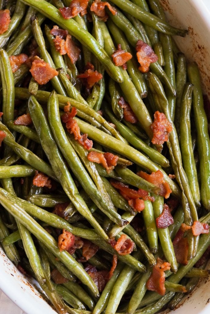 green beans with bacon in a casserole dish