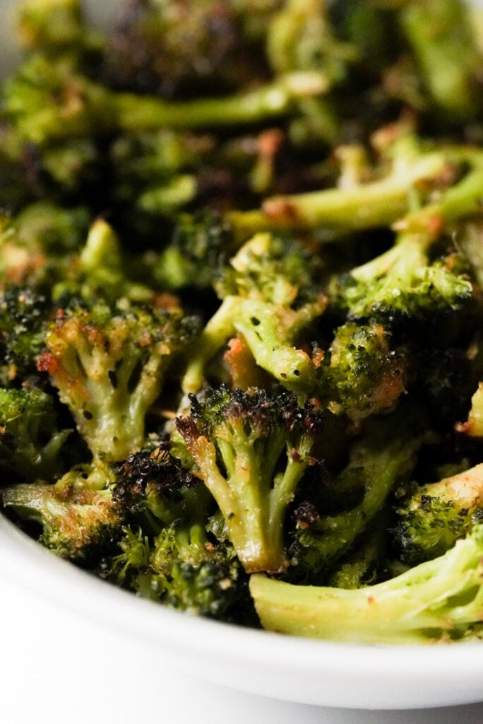 roasted frozen broccoli in a bowl