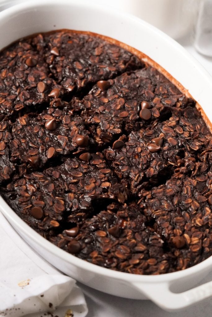 chocolate baked oatmeal in a baking dish