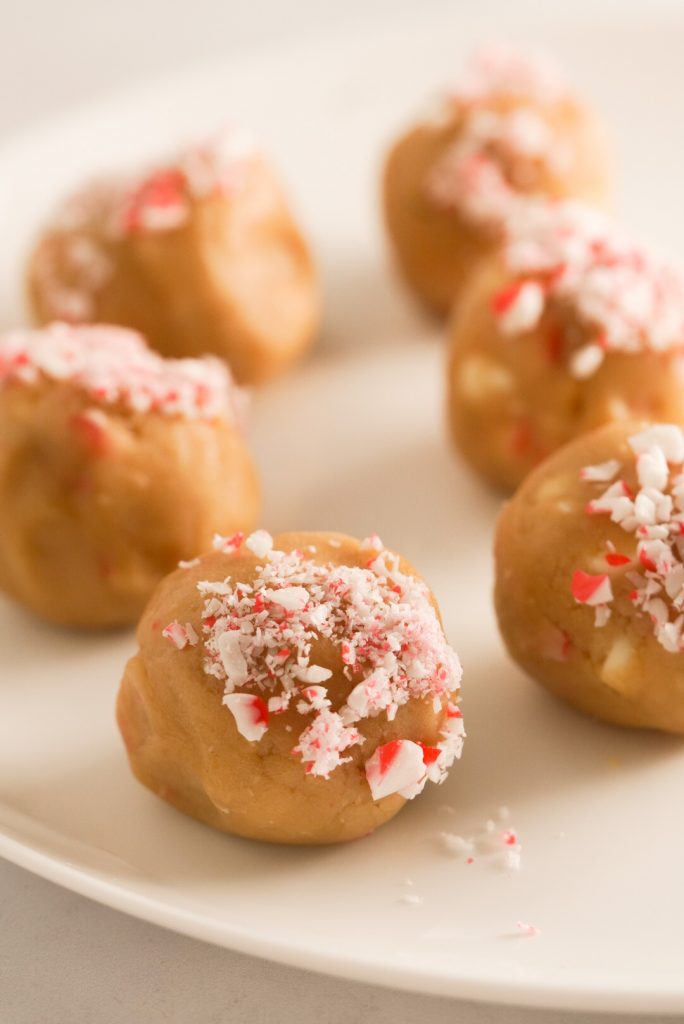 cooke dough balls with crushed candy canes on top