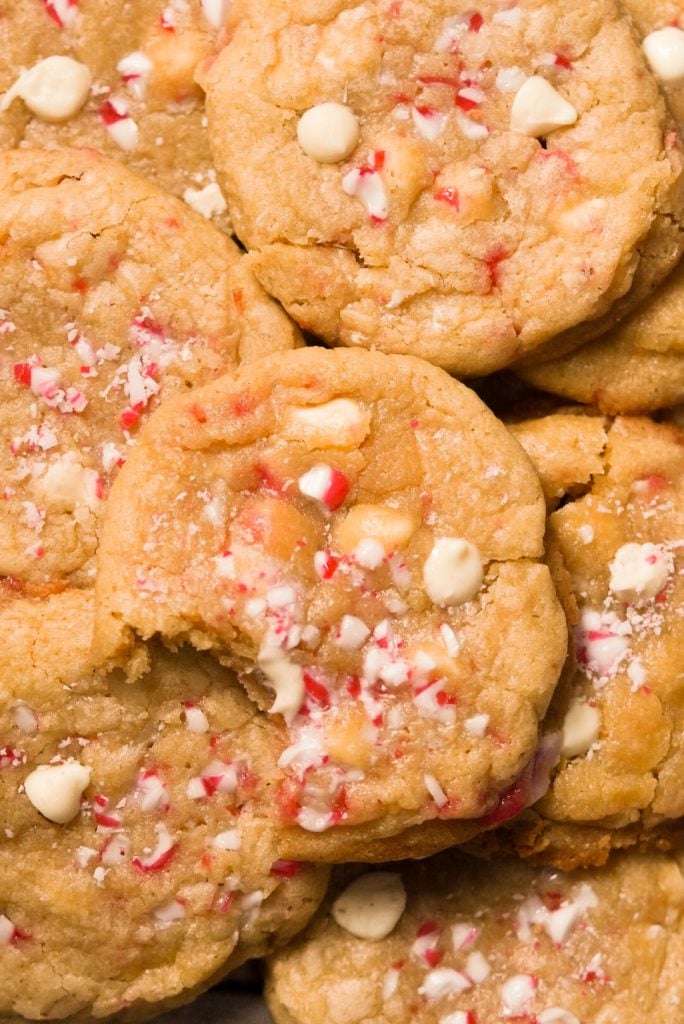 overhead shot of white chocolate peppermint cookies