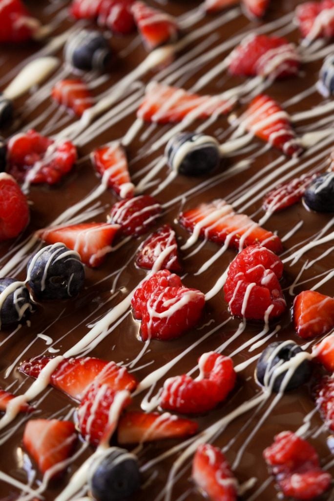 chocolate bark with berries before setting