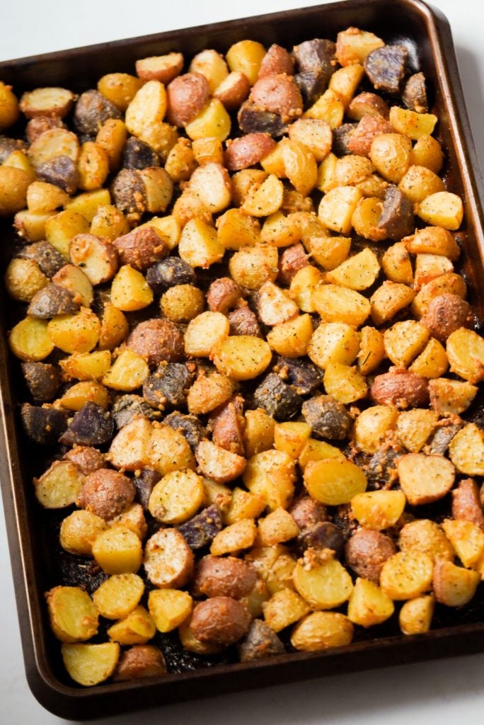 roasted baby potatoes on a sheet pan