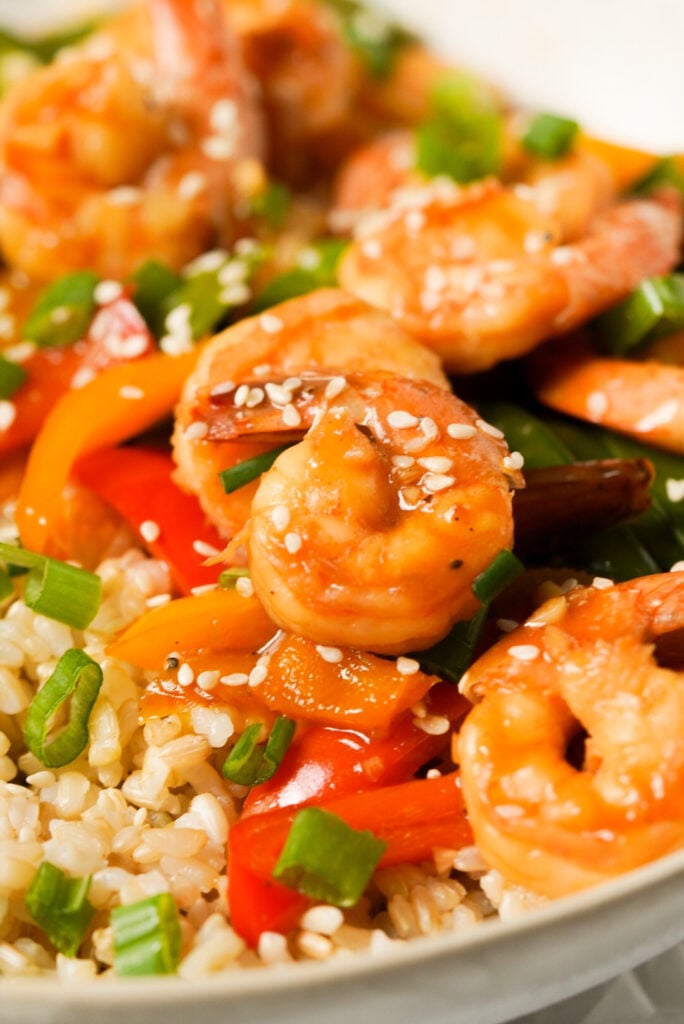 shrimp with teriyaki sauce on rice and veggies