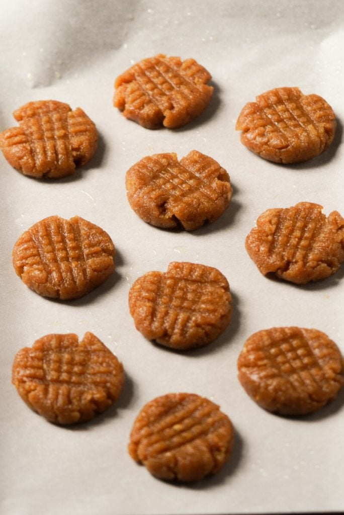 almond flour cookies flattened into cookie shapes with a criss-criss fork pattern