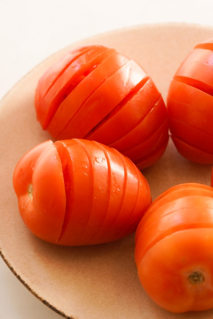 hasselback cut Roma tomatoes