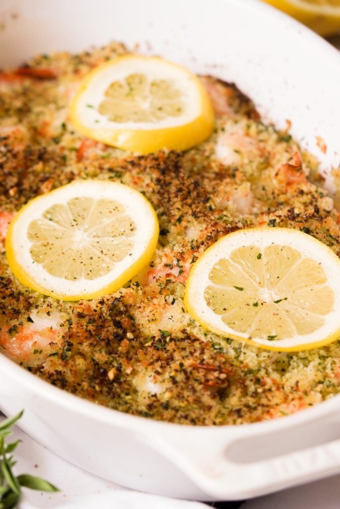 baked shrimp with breadcrumbs, oregano, olive oil, lemon, and parmesan