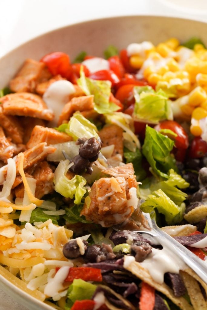 salad with barbecue chicken and ranch dressing