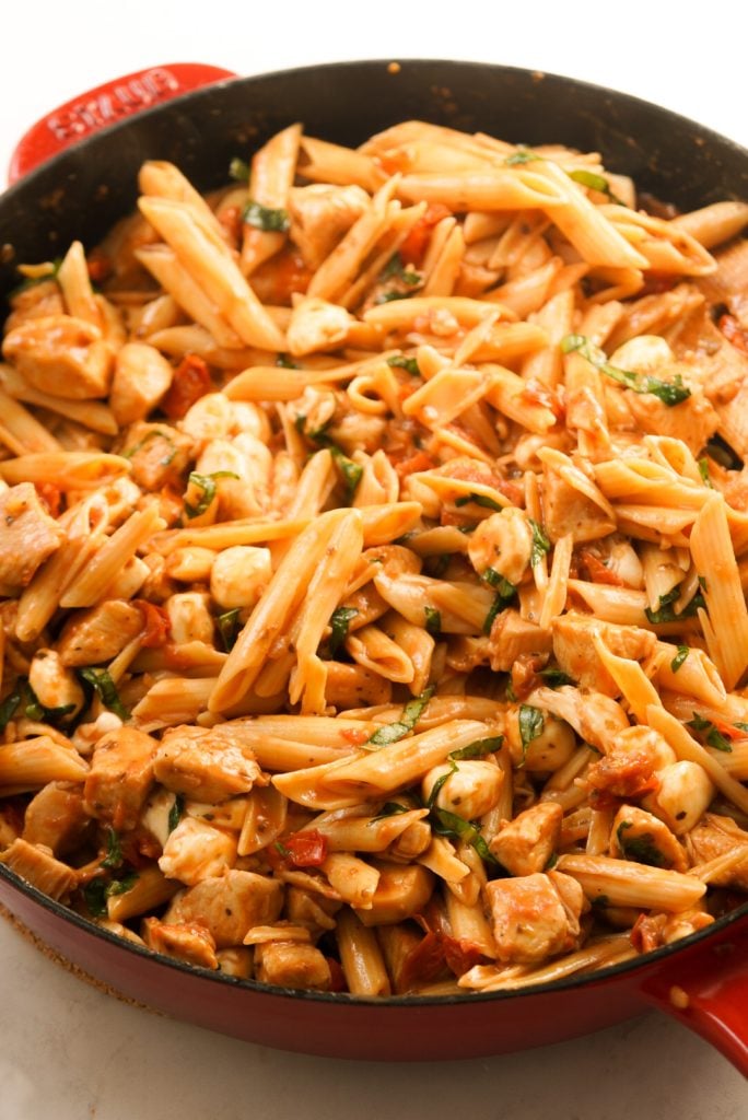 chicken caprese pasta in a large pan