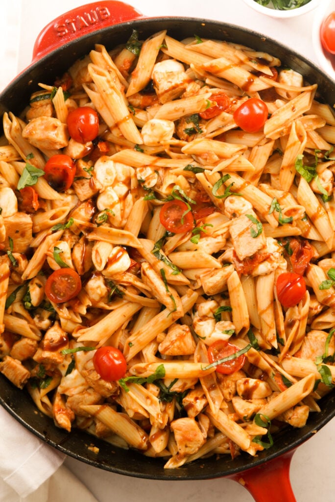 chicken caprese pasta in a large pan