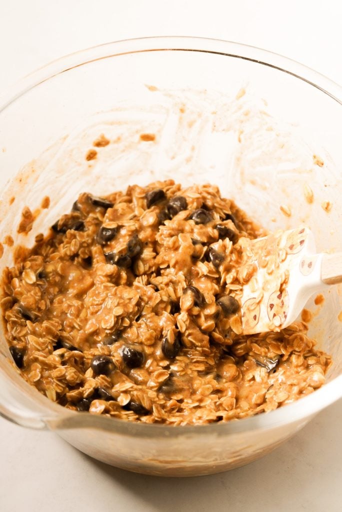 Peanut butter banana oatmeal bar batter after stirring in the dry ingredients.