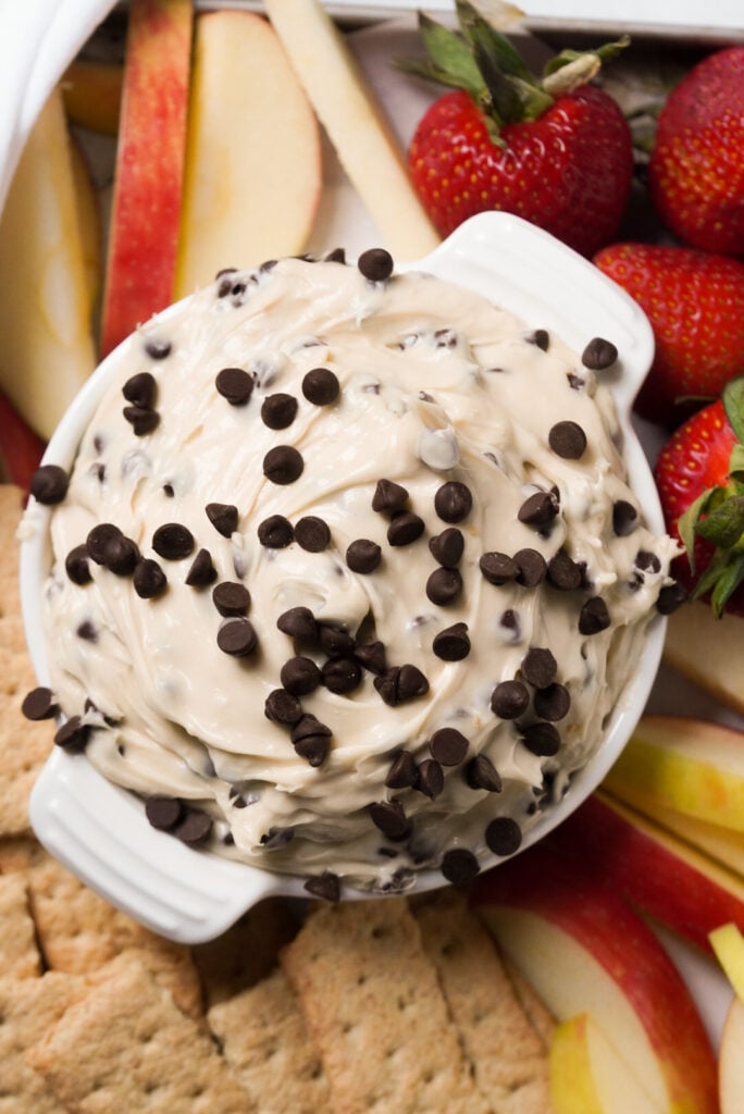 cream cheese chocolate chip dip on a serving platter