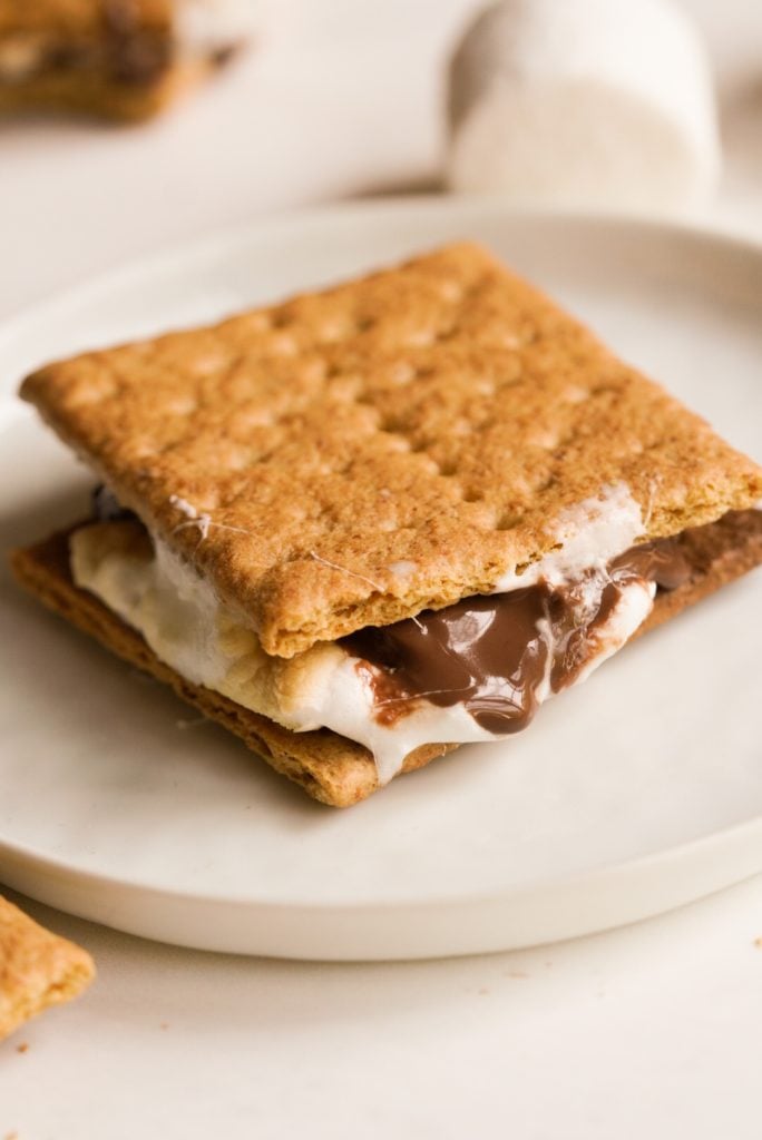 close up shot of a air fried s'more on a white plate