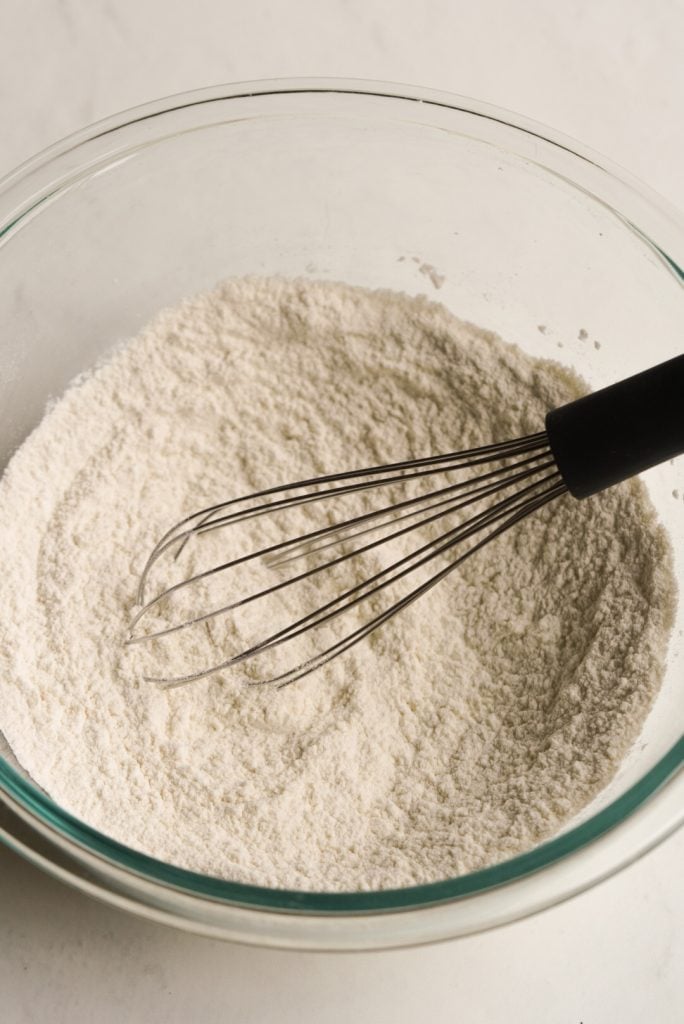 all purpose flour, baking powder, and salt combined in a mixing bowl