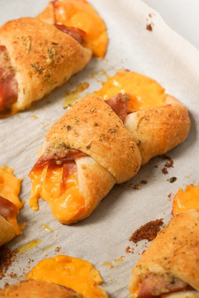 ham and cheese on a crescent roll after baking