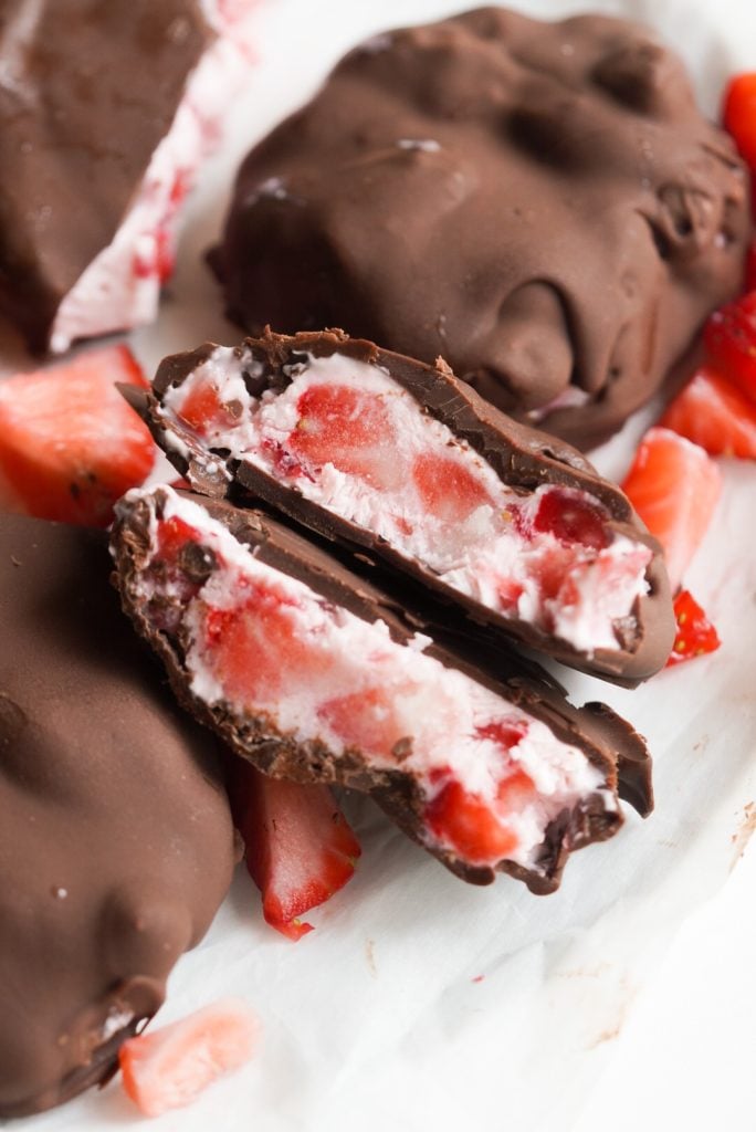 chocolate covered strawberry yogurt bite cut open
