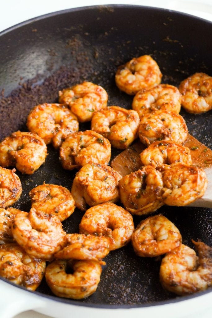 skillet with baja shrimp cooking.