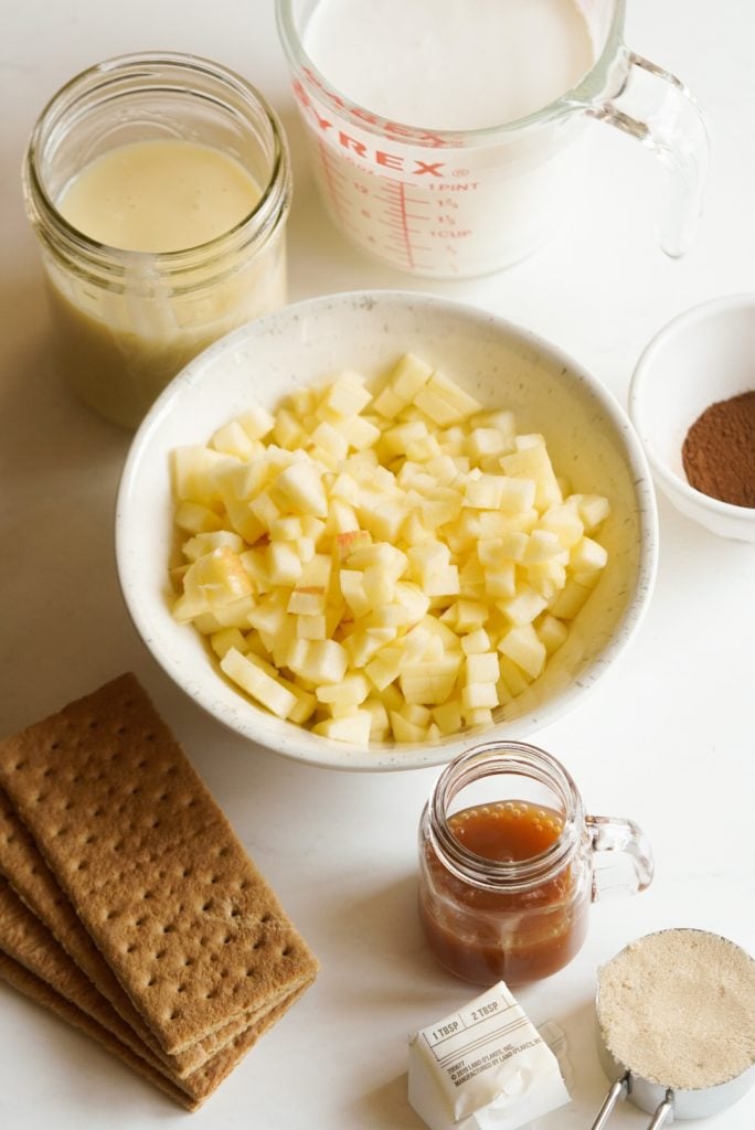 ingredients needed to make no-churn caramel apple crisp ice cream.