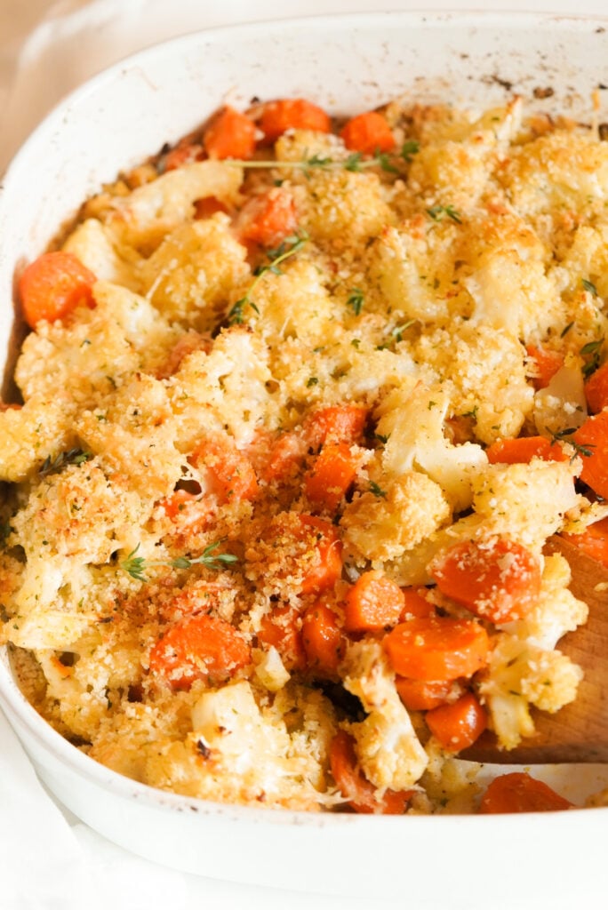 casserole dish with panko parmesan crusted roasted fall veggies.